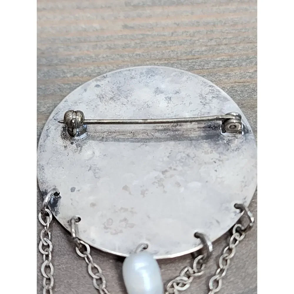 Artisan Handmade Sterling Silver 925 Hammered Moon Pearl Brooch Pendant Pin